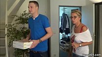 Mother fucks the young pizza boy and her husban...