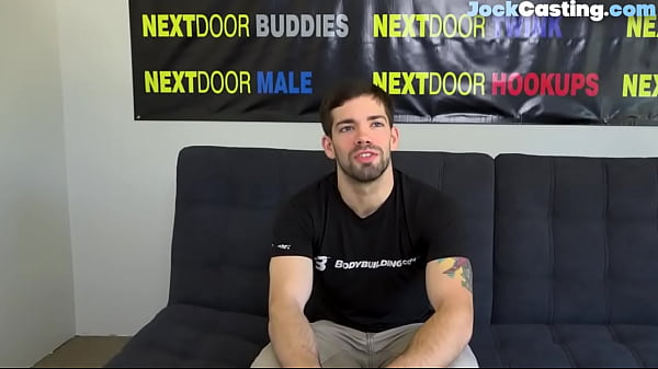 Muscular inked amateur solo masturbates on casting couch