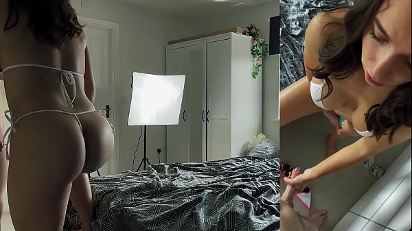 Bikini stepdaughter with perfect ass jerks him off onto her big tits