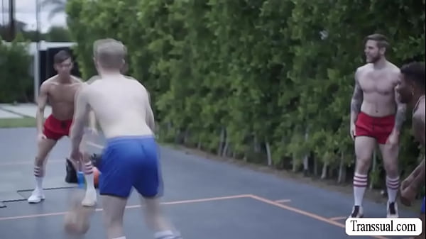 Watch this TS suck and ride two big cocks in court