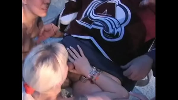 Three nasty sluts working one cock outdoors