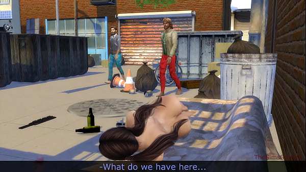 Slut resting after sex, found by homeless. Naked woman fucked hard by filthy wild guys