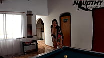 Beautiful busty MILF masturbates on the pool table