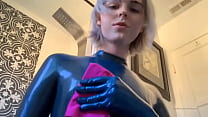 Blonde cosplay tgirl strokes her shecock