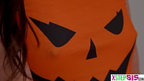 Halloween stepsister teen bisexual threesome with BFF and stepbro