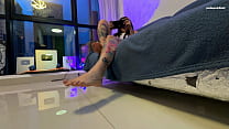 This giantess is having fun while trying to crush you with her dirty feet