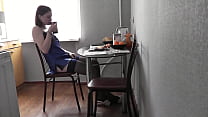 Typical morning of sexy cute beautiful girl. Sweet Assol with beautiful legs and butt in erotic lingerie peignoir stockings in kitchen preparing coffee and breakfast. Beautiful ass
