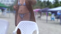 My beautiful wife shows off on the beach, cum in her pussy after masturbating