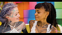 Tattoo Lesbians hard Fuck with Strap-on - Squirting and Piss