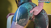 Sexy Tatted latex girl stuffing herself deep from both ends with her toys