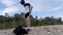 Cute twink Jon Arteen wears black Adidas outfit, shows his underwear, walks freeballing, jerking off throught his short shorts, cumming outdoor