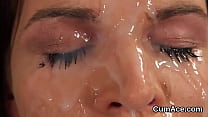 Frisky stunner gets cumshot on her face swallowing all the...