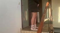 Downjacket Stair Tease – Red Lingerie, Blowjob & Cum on Coat