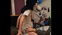 Femboy husky fursuiter cums while riding his bo...