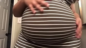 huge belly, solo, touching belly, fat girl