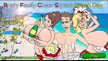 Busty family cheer squad beach day...