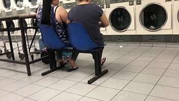 2 HIspanic Ladies In Flannel Skirts Candid SHOEplay In Laundromat Pt.1