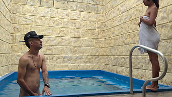 My stepsister surprises me by putting my penis in the pool pipe, it excites her and she wants me to fuck her.