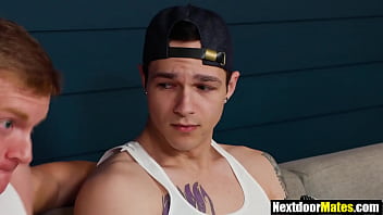 Hot gay buddies play video games & fuck in threesome