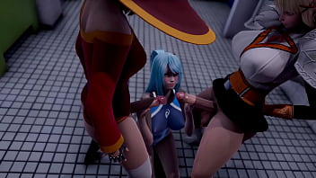 Futa Megumin and Futa Darkness take Aqua in toilet