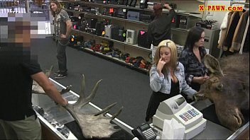 Blonde fucked in the pawnshop while making out with lesbian