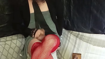 Boy dressed as a girl masturbates, Latina brunette sucks him off