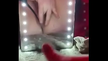 Shy teen dripping front of mirror...
