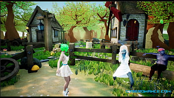 Cyberomance stylized village with manga characters...