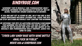 Cyber lady Sindy Rose with wine bottle anal fuck in public