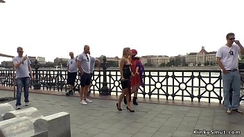 Redhead slut gets gangbang in public
