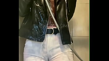 leather jacket, nipples, jeans, white pants