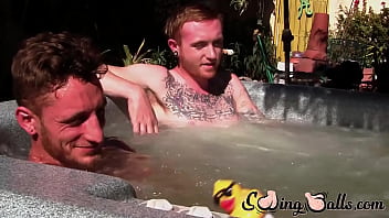 Inked ginger homo leaves jacuzzi to jack off dick with lover