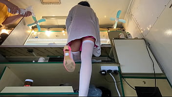 Video boss fixing Alice panties for better pussy display