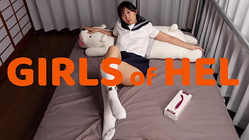 Japanese cutie in school uniform and white socks - solo masturbation