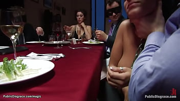 Busty babe bound on dinning table