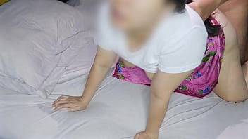 A beautiful, fair-skinned, and plump girl secretly has sex with her boyfriend. She moans softly because she's afraid her mother will hear. She's so horny.