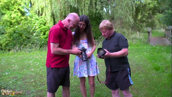 Hot brunette takes cum in mouth from 2 old guys in the same time
