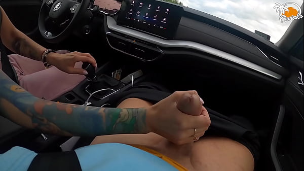 Wife gives amazing handjob while driving a car!