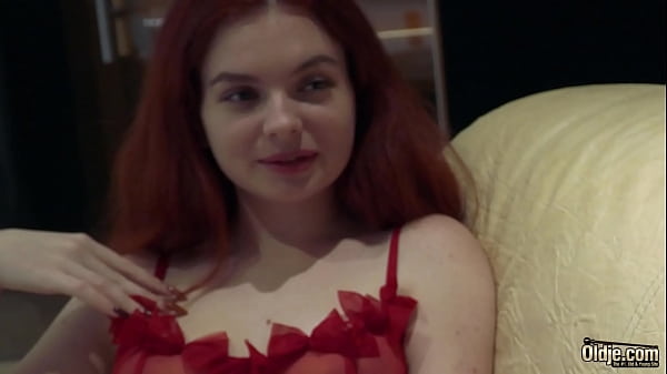 Young redhead pussy rides grandpa cock and she gets cum on her tits