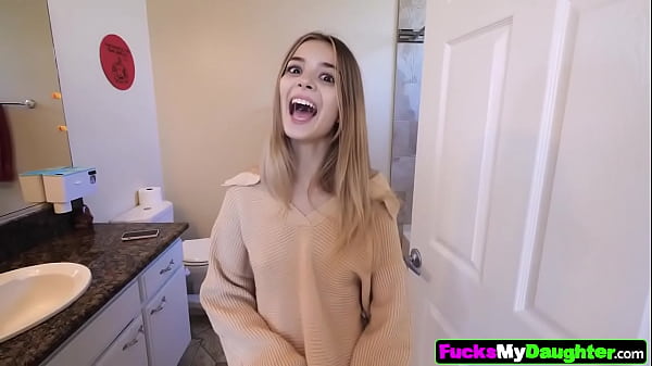 Naughty stepdaughter lets her stepdad fuck her with firm strokes in her tight wet pussy to let her have her 2023 Halloween party at home.