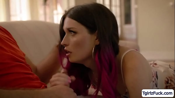 Busty blonde ts Brittney Kade deepthroats and barebacked anal