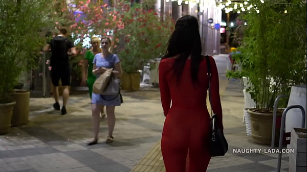 Red transparent dress in public