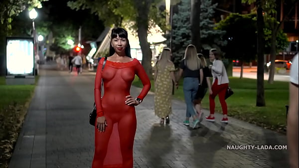 Red transparent dress in public