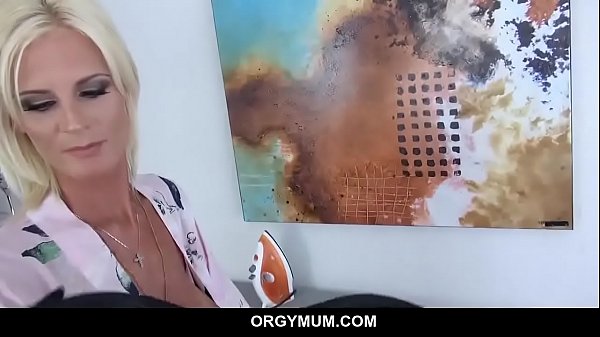 Horny Blonde Milf jerks stepson at table