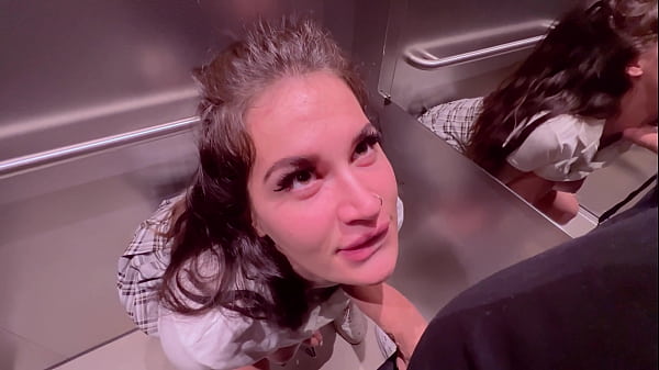 Beautiful girl Instagram blogger sucks in the elevator of the store and gets a facial