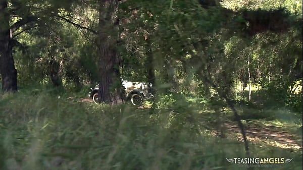 Two horny chicks fucking with a stranger in the nature