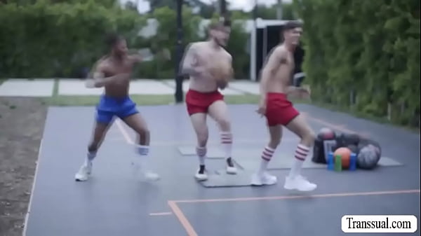 Lucky players fuck some horny slut TS in B-Ball