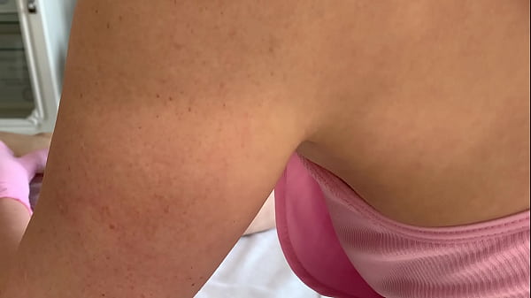 A real client heavily cumming Mistress SugarNadya depilation during the procedure