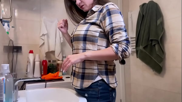 Spying on Step Mother's big boobs while she is cleaning bathroom and make her doing hand job to her step son's big cock