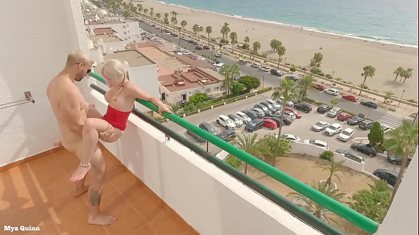 Sex on the balcony beach view - outdoor blowjob cum on tits Thumbnail
